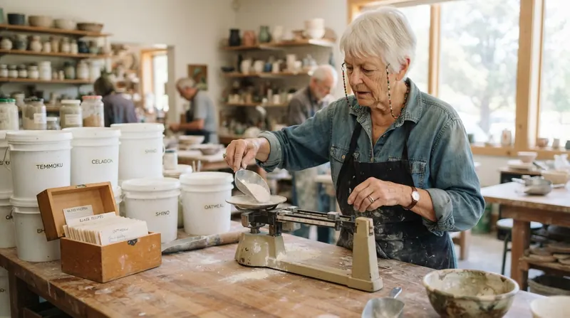 An older woman with short white hair weighing glaze powder on a triple-beam balance at a pottery co-op, index cards and buckets of glaze around her