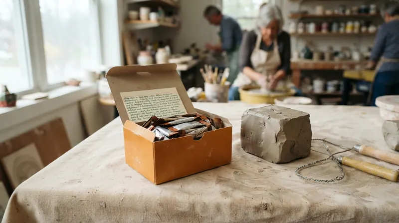 A small box of single-serve coffee packets on a canvas-covered wedging table in a pottery studio, a handwritten index card tucked under the lid
