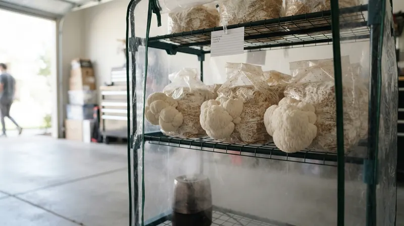 White shaggy lion's mane mushrooms fruiting from sawdust grow blocks on shelves inside a small plastic grow tent in a garage
