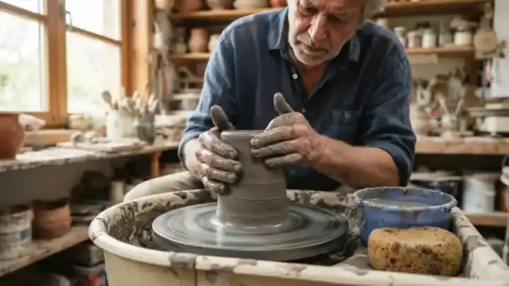 Wet clay spinning on a potter's wheel as an older man's hands raise the wall of a cylinder in morning light, slow zoom
