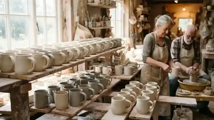 Rows of unfired leather-hard clay mugs drying on long wooden ware boards in a sunlit pottery studio, slow pan