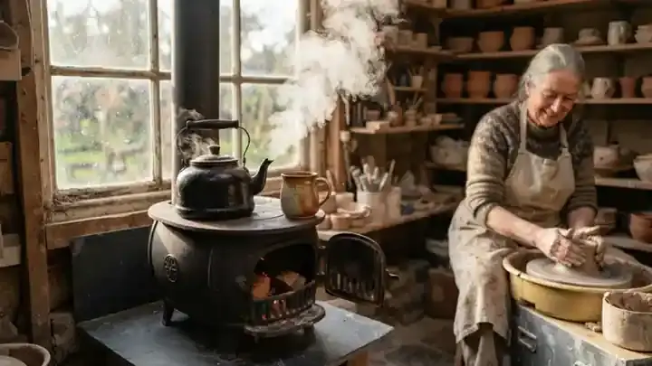 Steam rising from a black cast-iron kettle on a small woodstove in a sunlit pottery studio, slow zoom