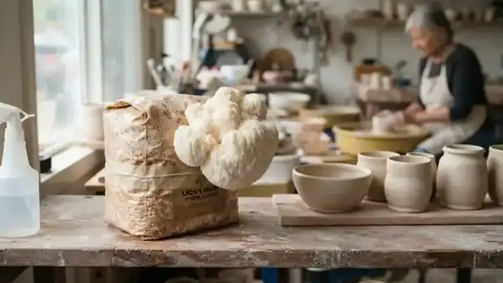 A white lion's mane mushroom growing from a grow block on a pottery studio shelf next to unfired pots, slow zoom
