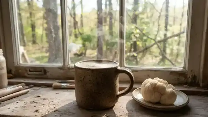 A handmade stoneware mug of frothy coffee on a studio windowsill with steam rising beside a small lion's mane mushroom, slow zoom