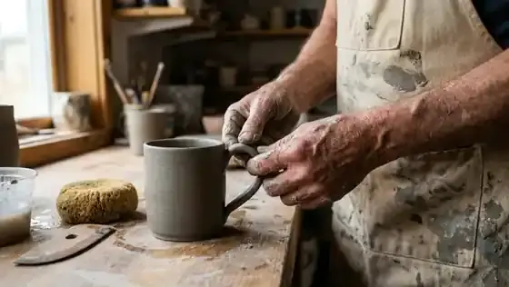 An older potter's clay-covered hands pulling a handle on a freshly thrown stoneware mug at a wooden workbench in morning light
